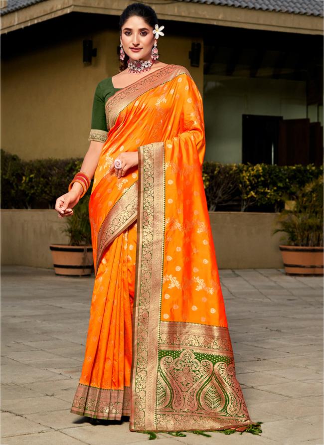 Banarasi Silk Orange Festival Wear Weaving Saree